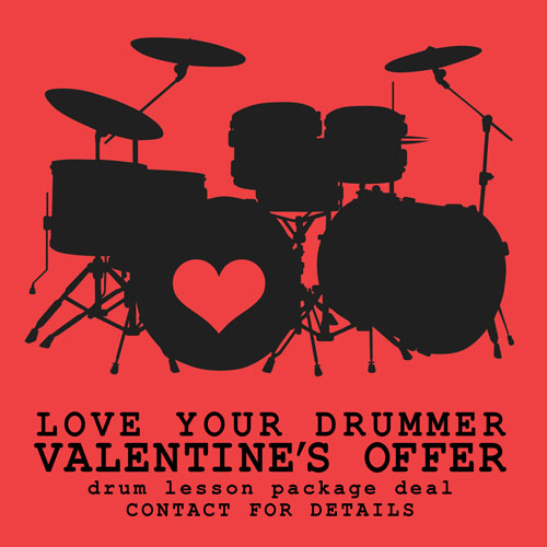Image of black drum kit on red background with the text: 